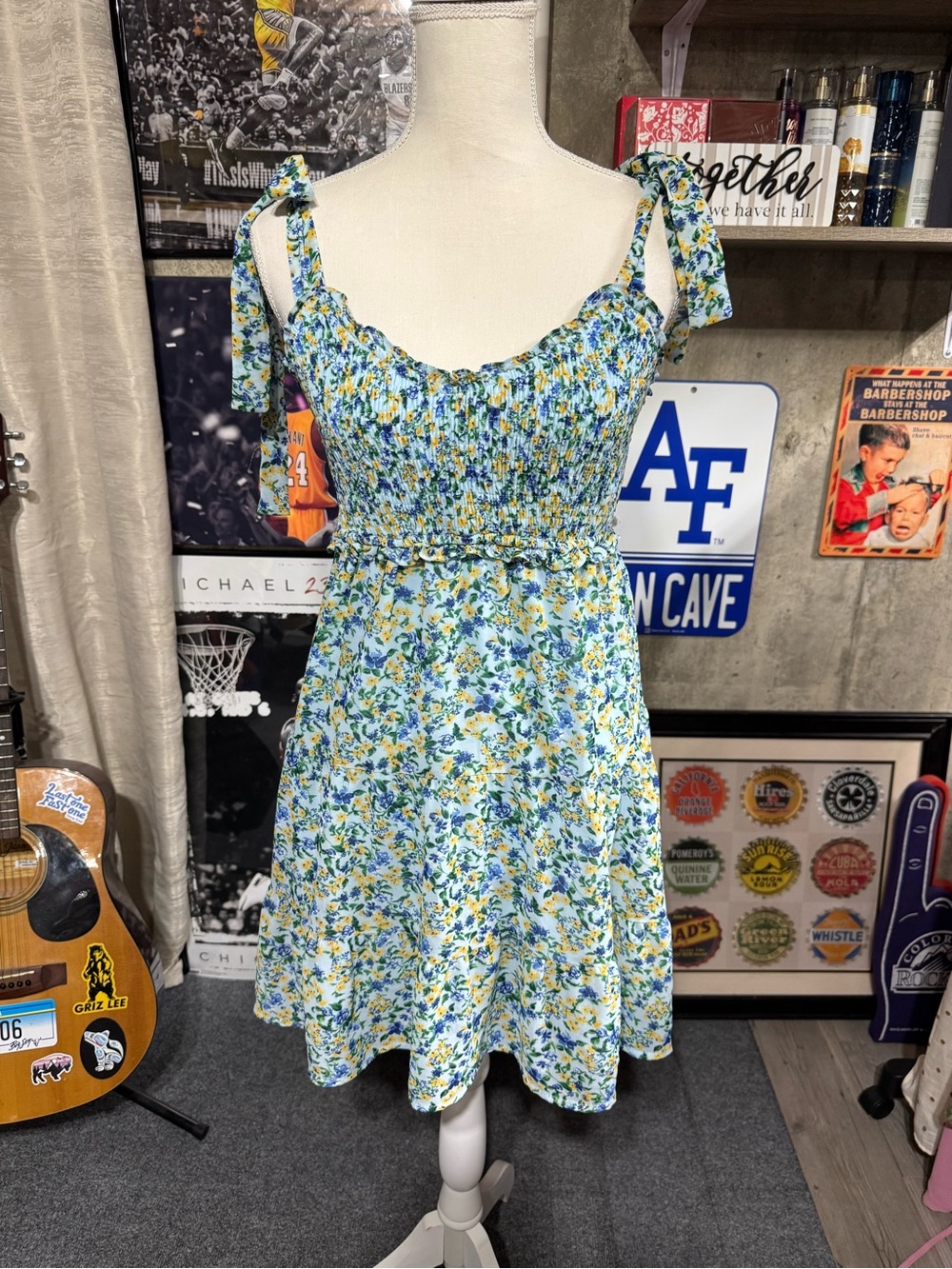 Altar'd State Blue and Yellow Floral Tie-Shoulder Midi Dress